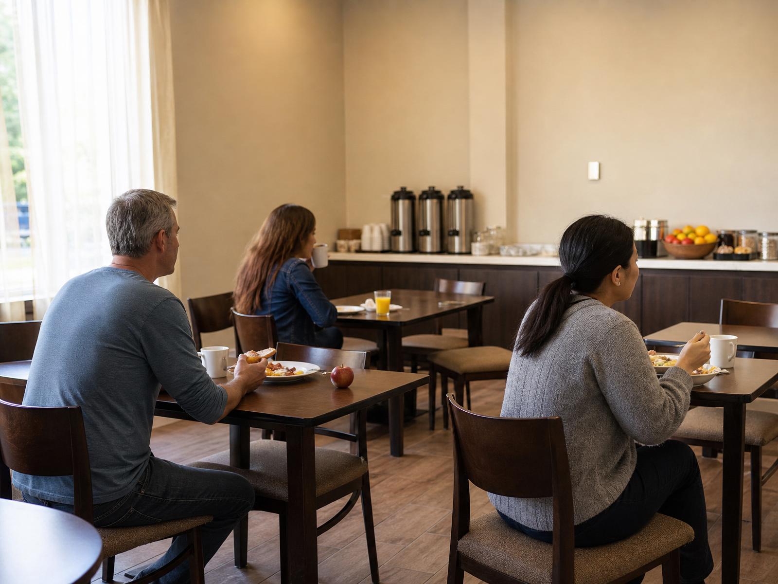 Simple breakfast area at the same independent hotel with guests enjoying morning coffee