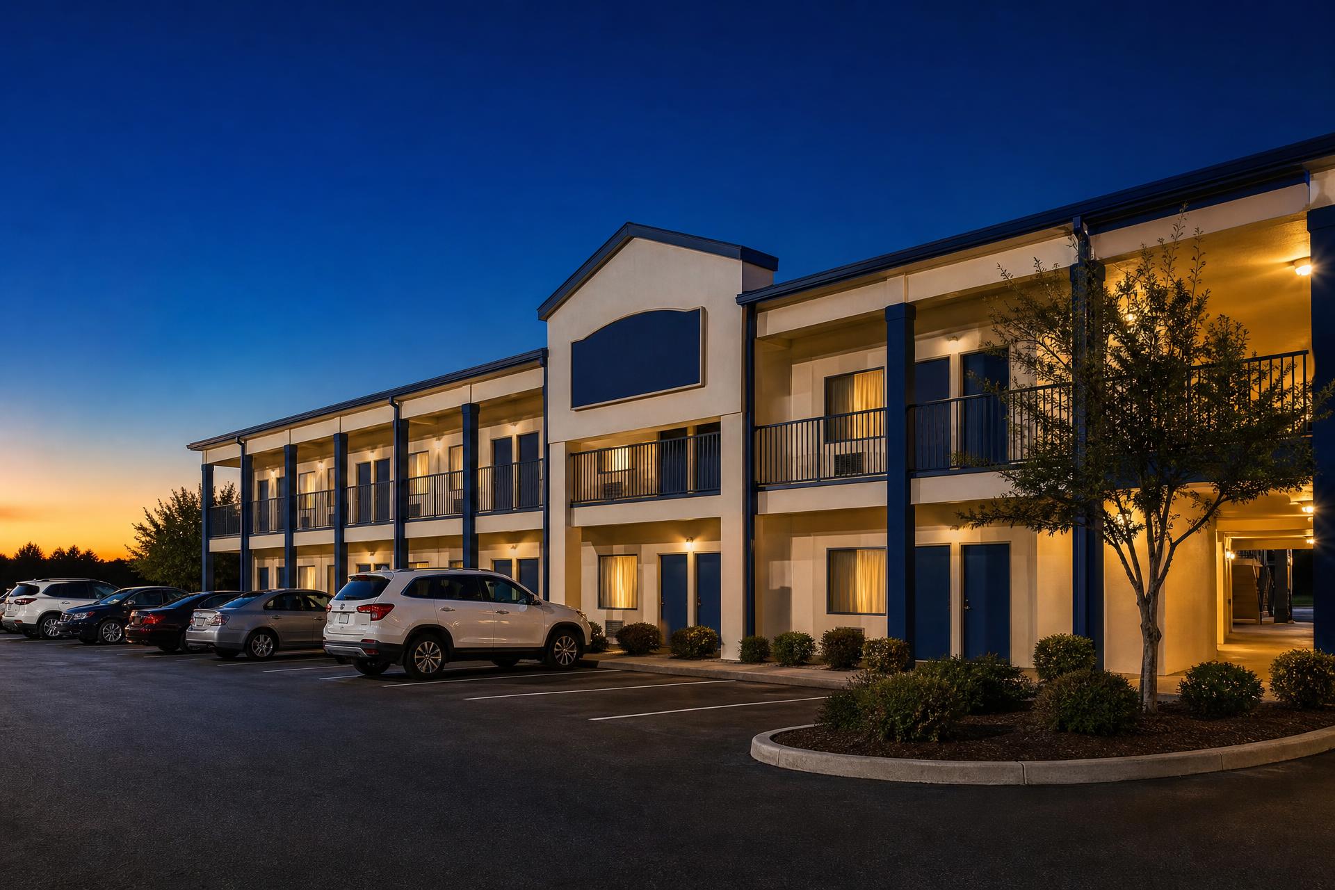 Independent two-story exterior-corridor hotel at dusk with warm interior lights