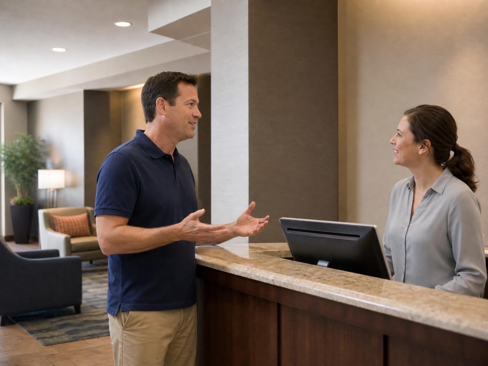 Owner-operator welcoming a guest at the front desk of the same independent hotel