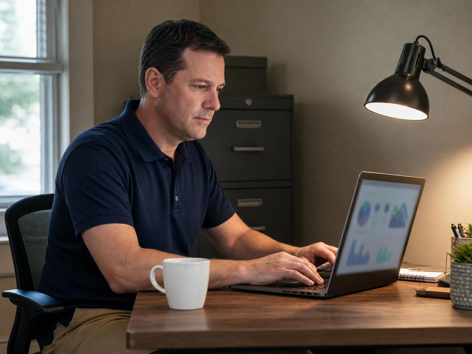 The same independent hotel owner reviewing reports on a laptop in the back office